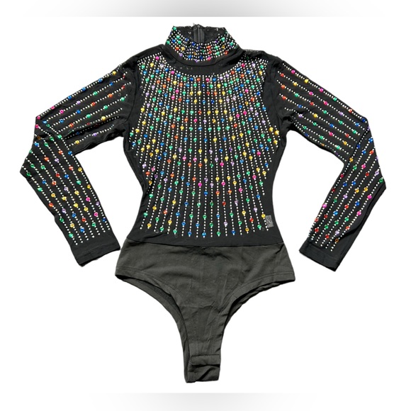 High-end Black Sheer Turtleneck Rhinestone Thong Bodysuit size small NWOT - Picture 2 of 6